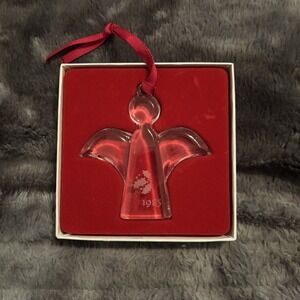Orrefors Sweden 1985 Angel with Holly Crystal Glass Ornament With Original Box